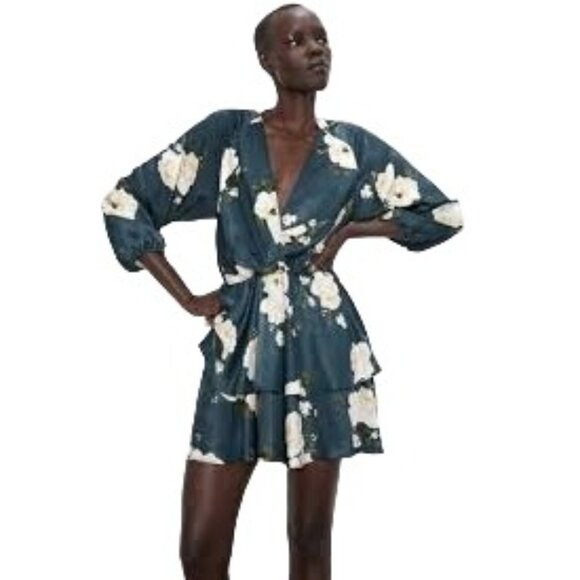 Exceptional Zara Floral Small Wrap DRESS Blue/Dark Gray Ivory Roses - Picture 1 of 16